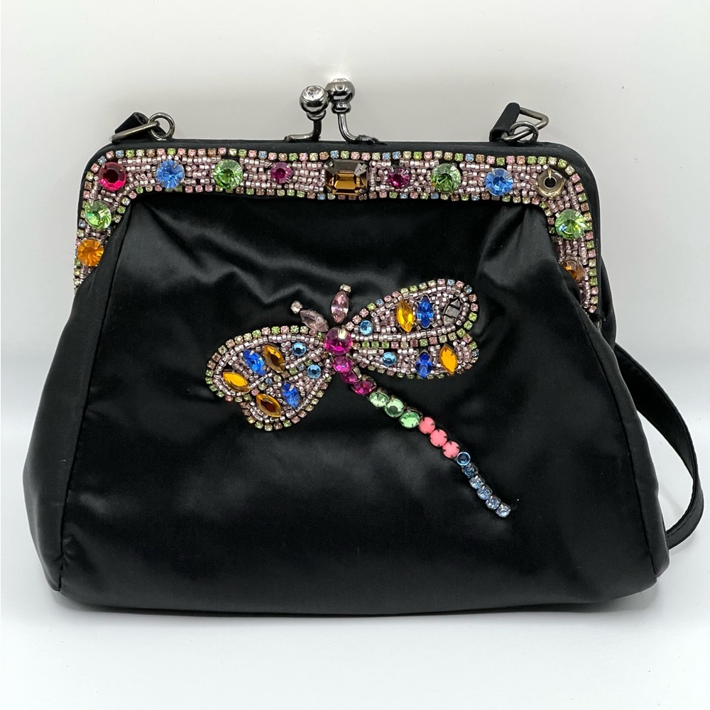 Vintage Christiana Black Silk Shoulder Bag with Colorful Crystals Dragon…